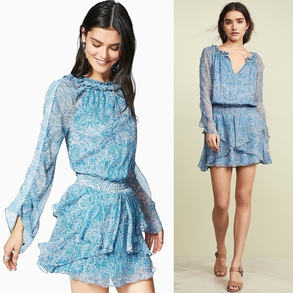 RAMY BROOK Silk Floral Paisley Long Sleeve‎ Ruffle Tier Smock Waist Mini Dress S